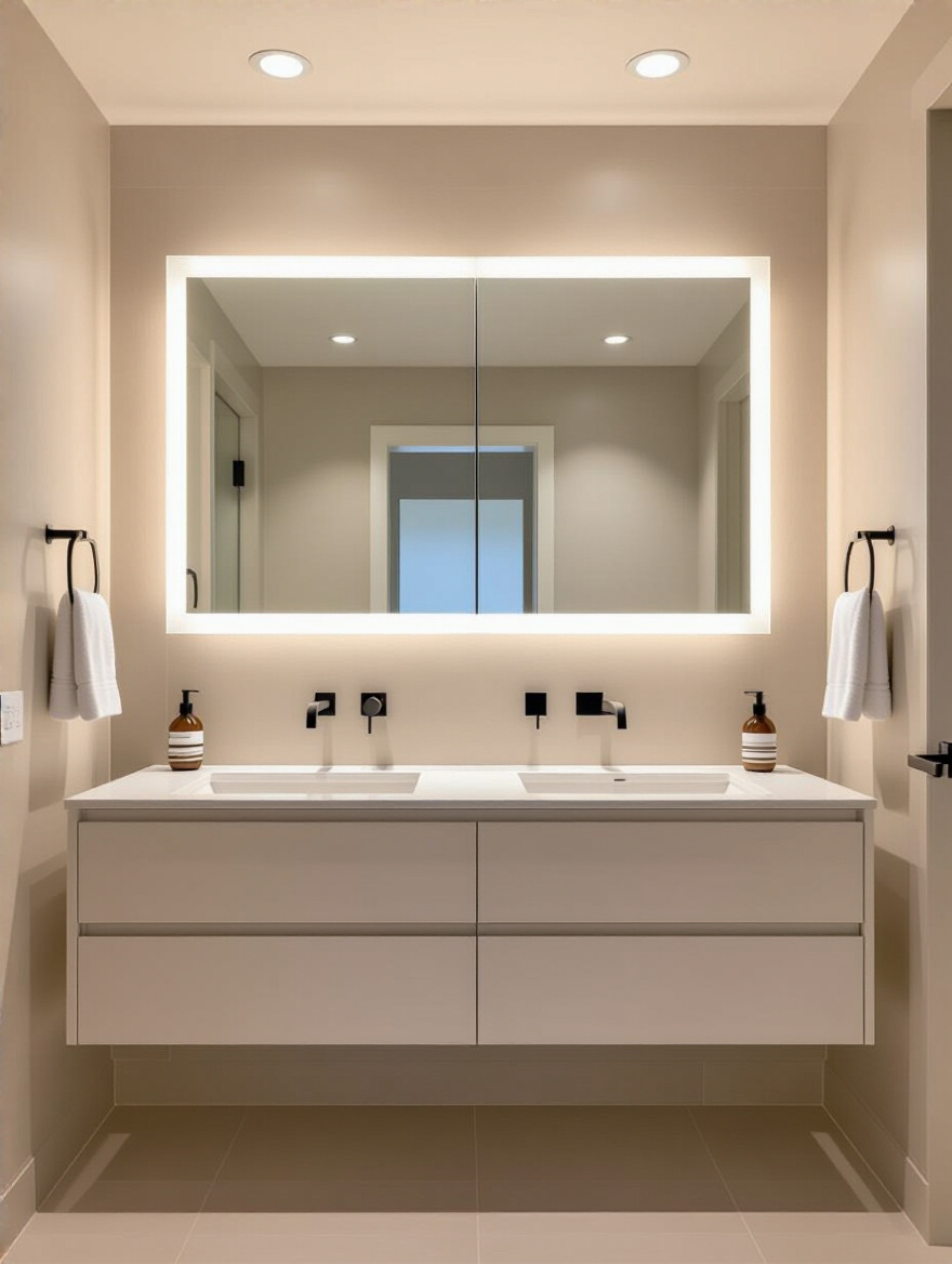 Portrait view of a modern bathroom with LED vanity lights and ceiling LEDs