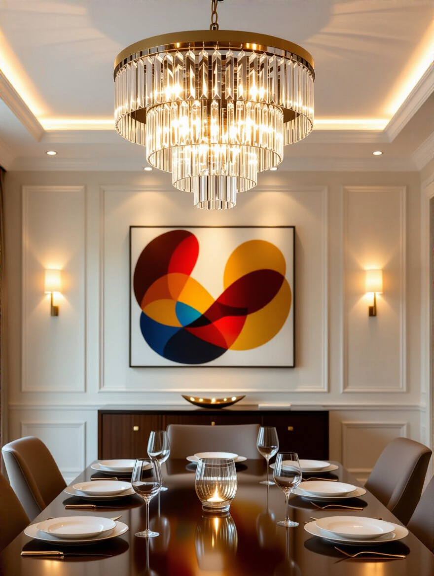 Elegant dining room showcasing a multi-dimensional lighting scheme with a sparkling crystal chandelier and warm accent lighting on a credenza and architectural details.