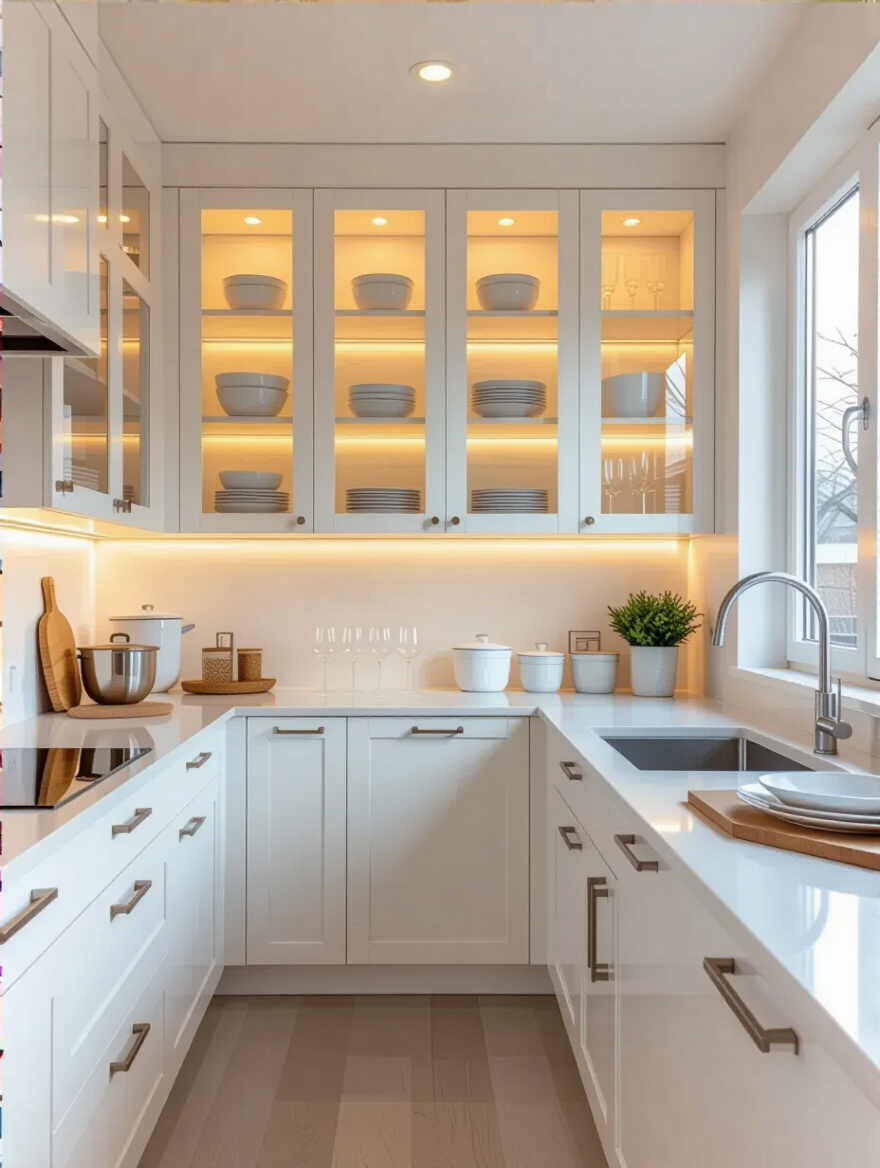 Portrait view of a small kitchen with clear glass cabinet fronts displaying coordinated dishware under soft lighting
