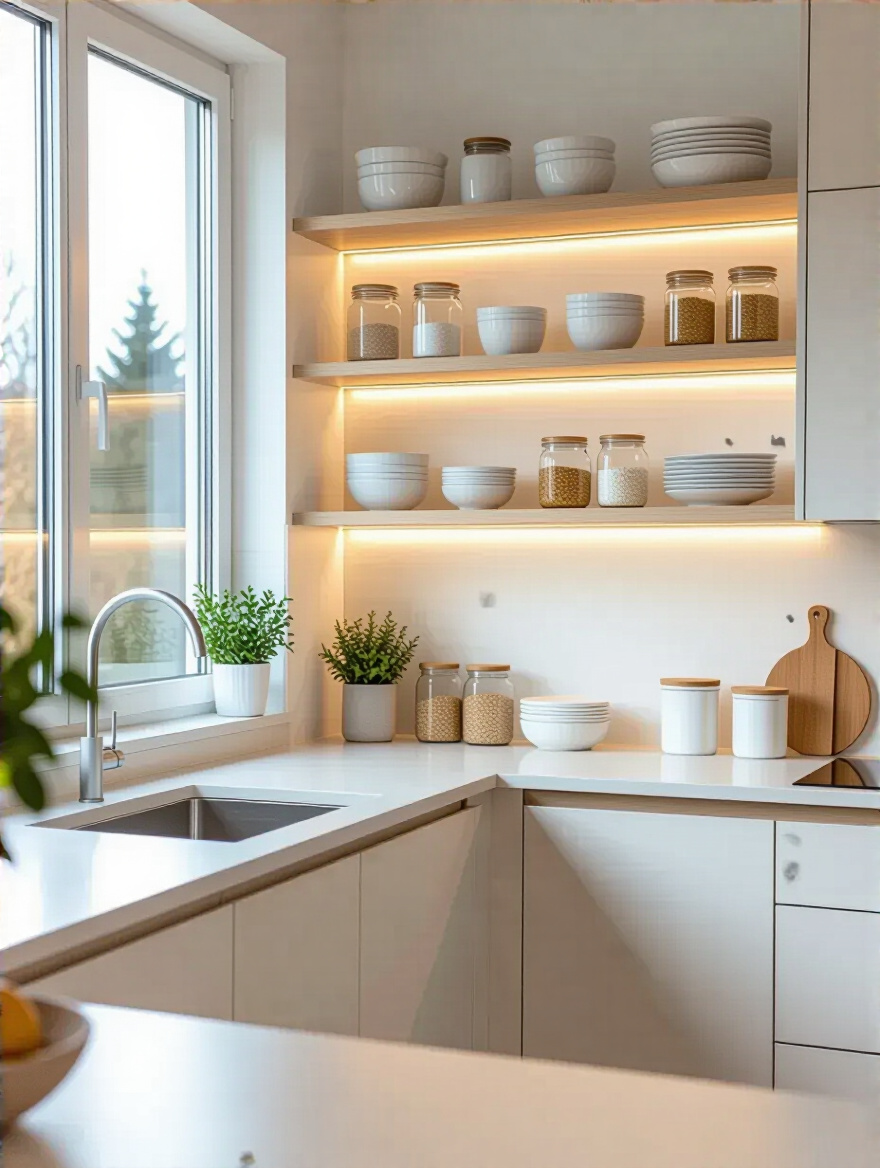 Portrait of a small kitchen with open shelves and airy, organized display