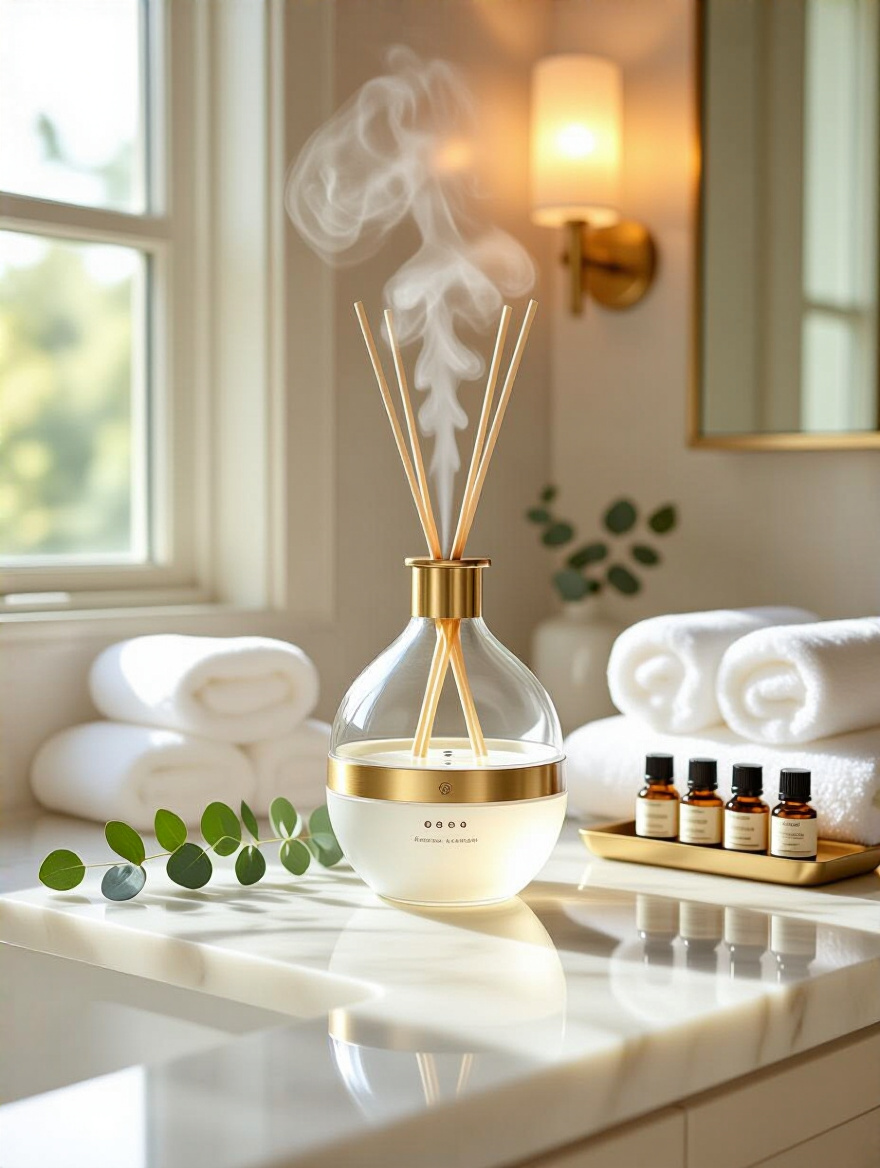 Luxurious bathroom diffuser on marble vanity with warm ambient light