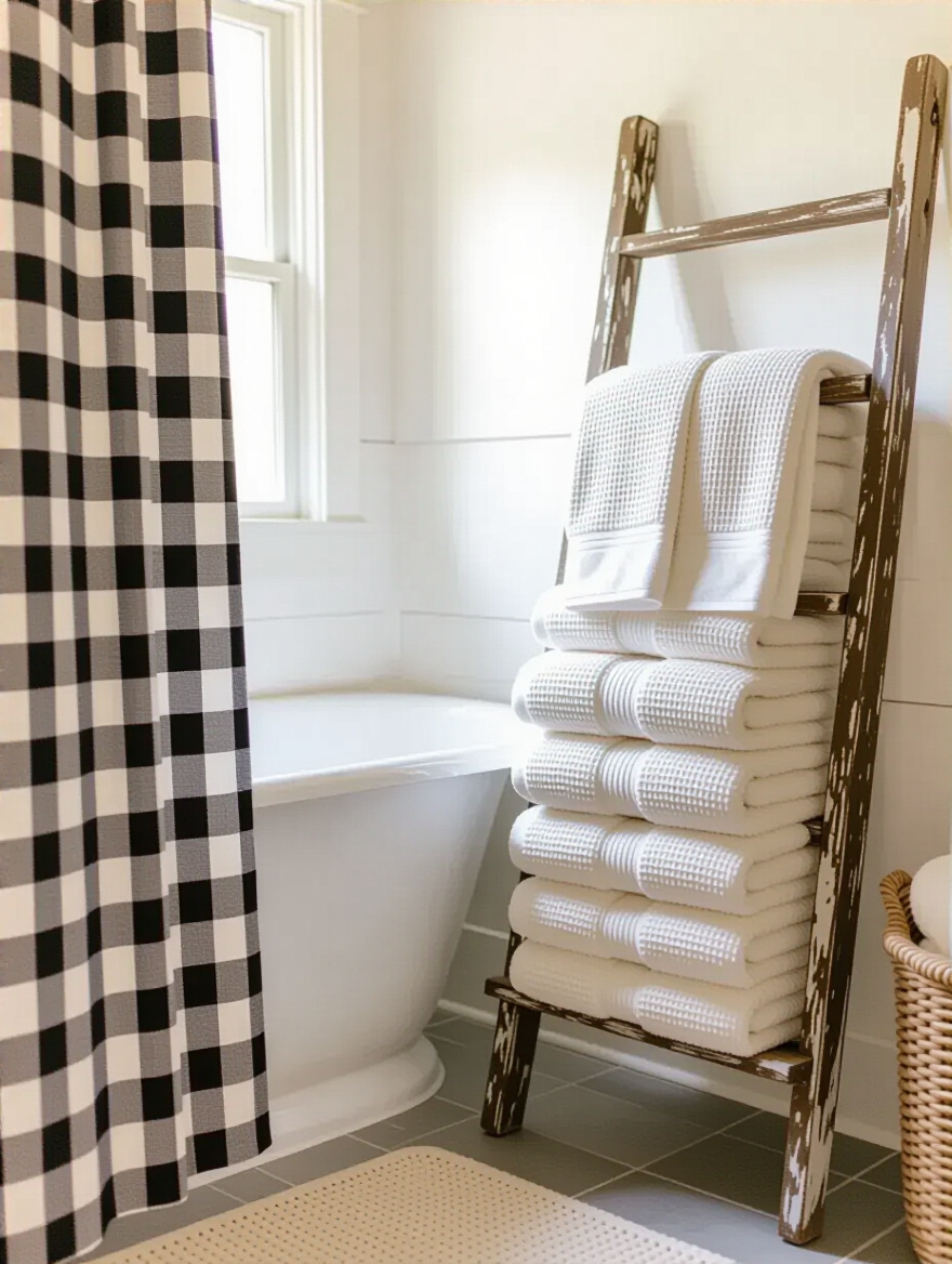 Farmhouse bathroom featuring a black and white gingham shower curtain and cream waffle weave towels draped over a rustic wooden ladder, illustrating charming rustic textiles.