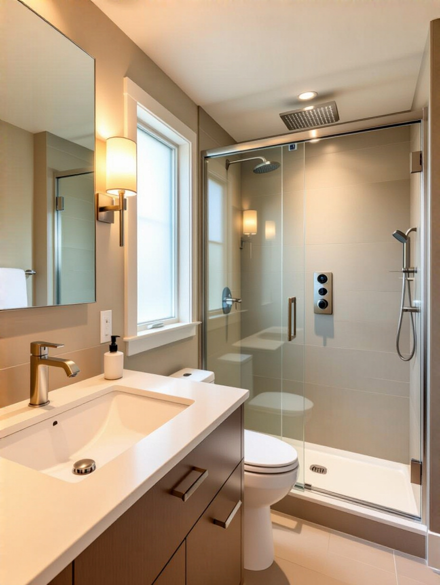 Luxurious bathroom featuring touchless faucet and smart sensor shower in marble setting