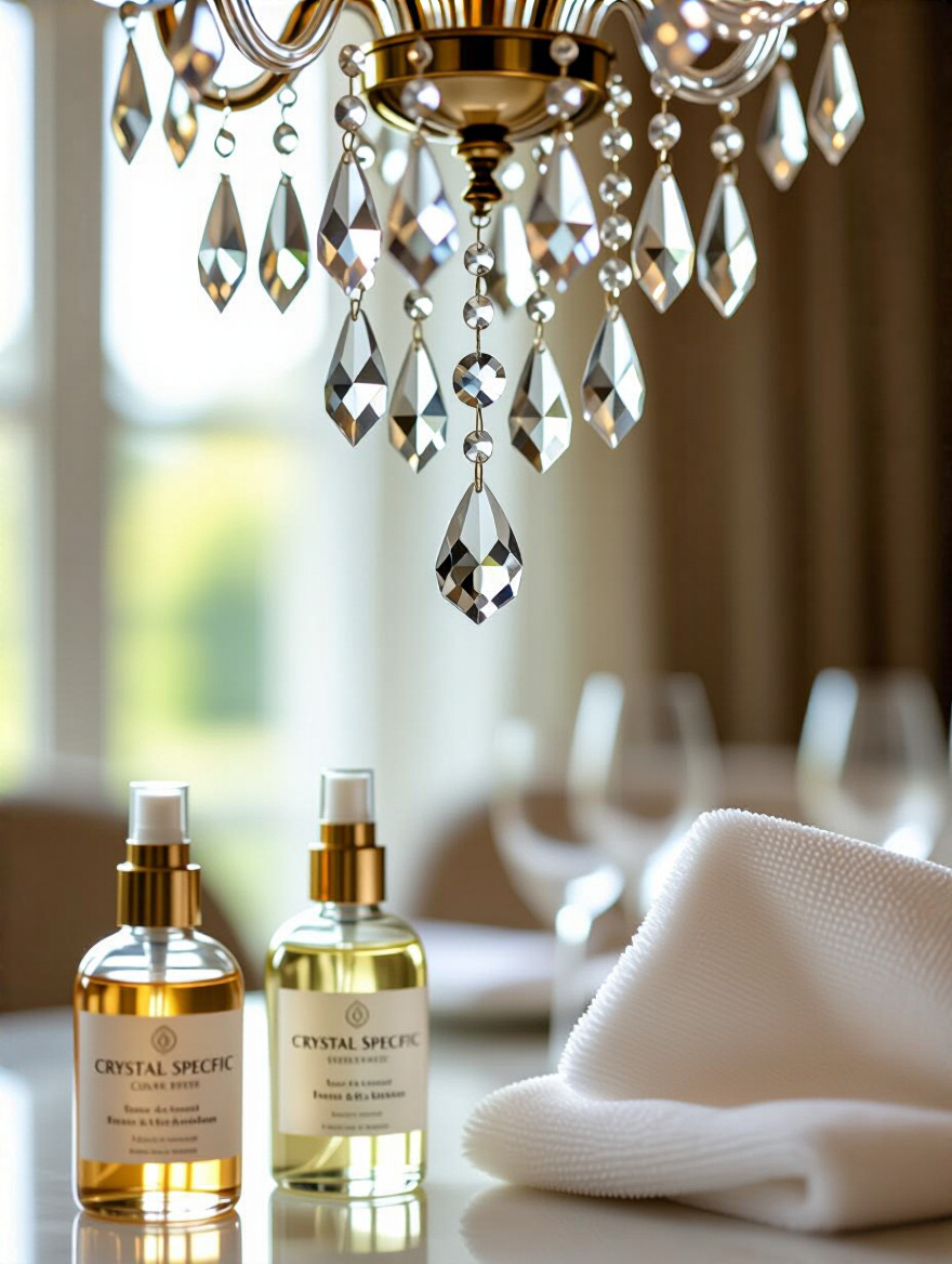 Bottles of gentle, material-specific cleaning solutions and soft microfiber cloths next to a sparkling crystal chandelier element.