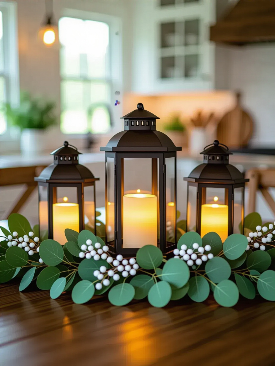 A rustic kitchen table centerpiece featuring three glowing battery-operated lanterns nestled in eucalyptus garland, casting warm ambient light.