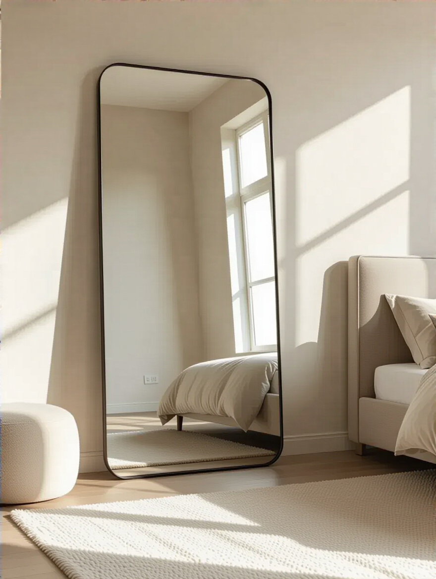 Modern bedroom featuring a large, frameless floor mirror that reflects natural light, making the room appear more spacious and open. Neutral tones and clean design enhance the chic aesthetic.