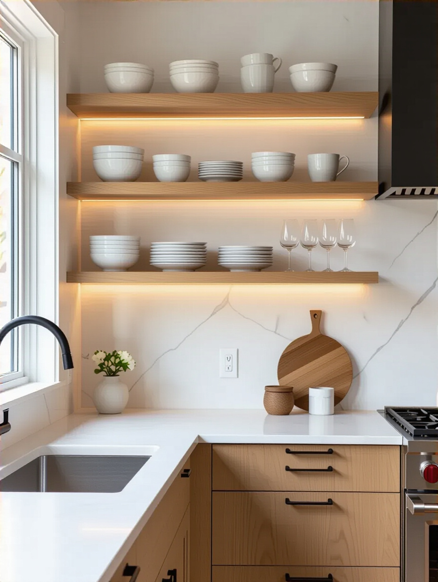 Open shelving above a modern backsplash with curated dishware and glassware