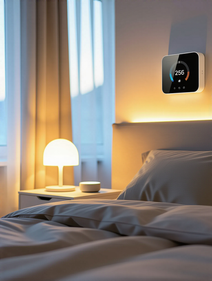 A serene apartment bedroom at dusk, illuminated by smart automated lighting from a bedside lamp and featuring a sleek smart thermostat for comfort control. Minimalist decor, warm inviting tones, demonstrating smart home technology.