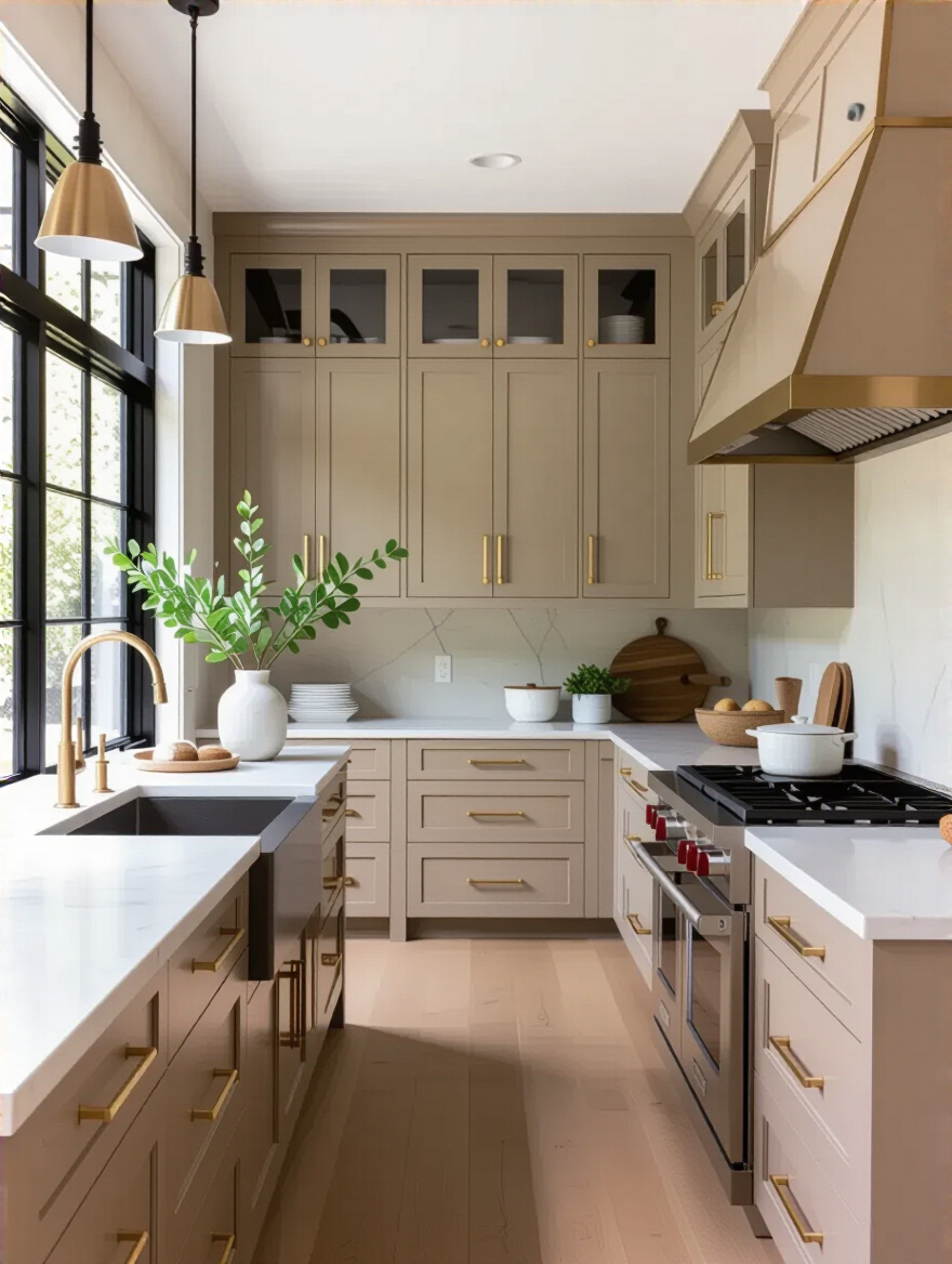 Portrait of stock cabinetry with upgraded hardware in a modern kitchen