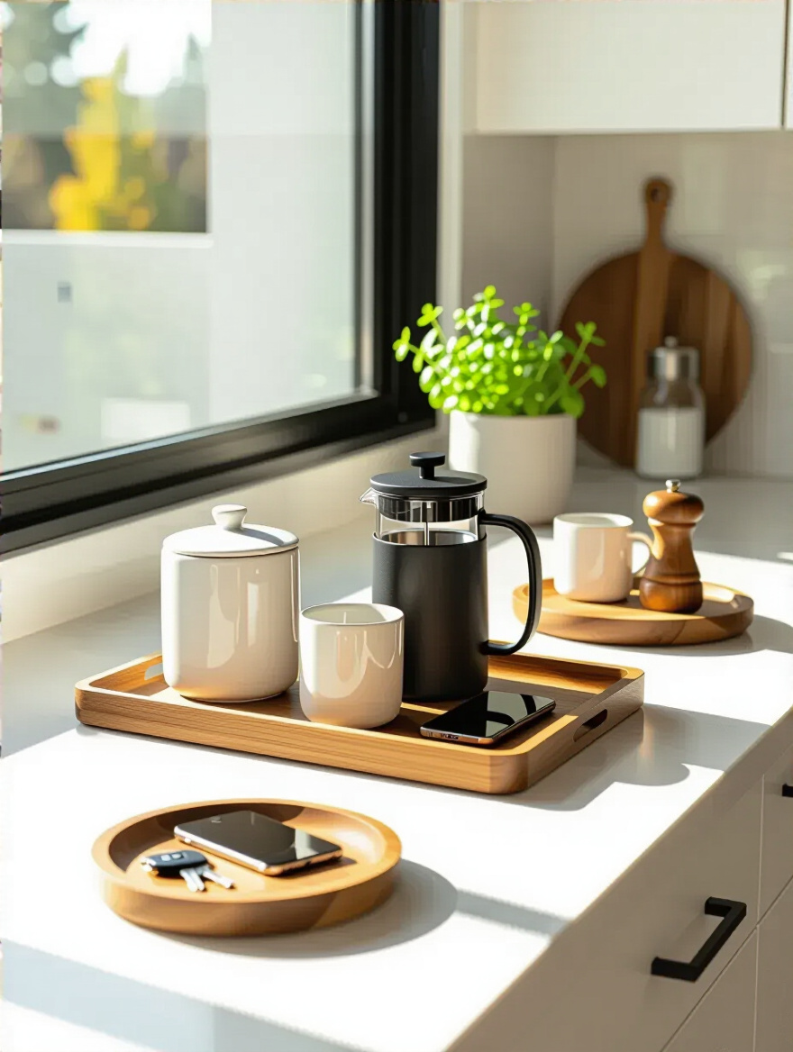 Organized kitchen countertop with tray and catchall display