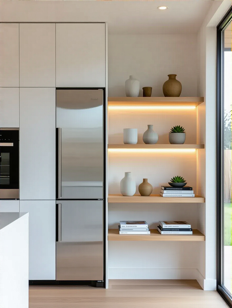 Modern kitchen with seamless floor-to-ceiling white full-height cabinets next to light oak open shelving displaying minimalist ceramic decor and cookbooks, under-shelf lighting.