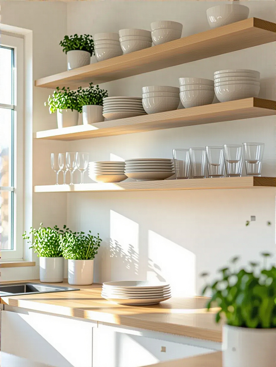 Bright kitchen with open shelves displaying white ceramic dishes, glass tumblers, and small plants. Modern and airy open shelving kitchen design.