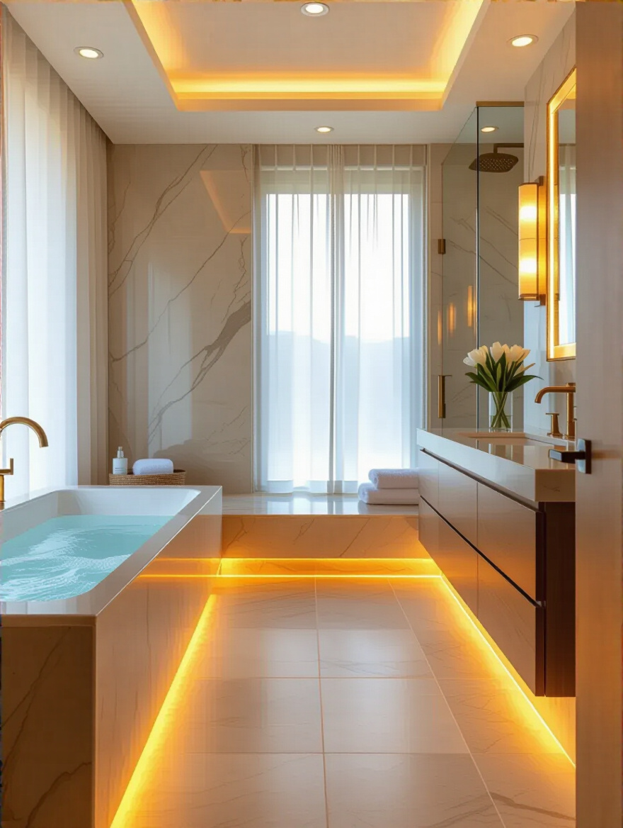 Luxurious bathroom with radiant floor heating under warm tiles