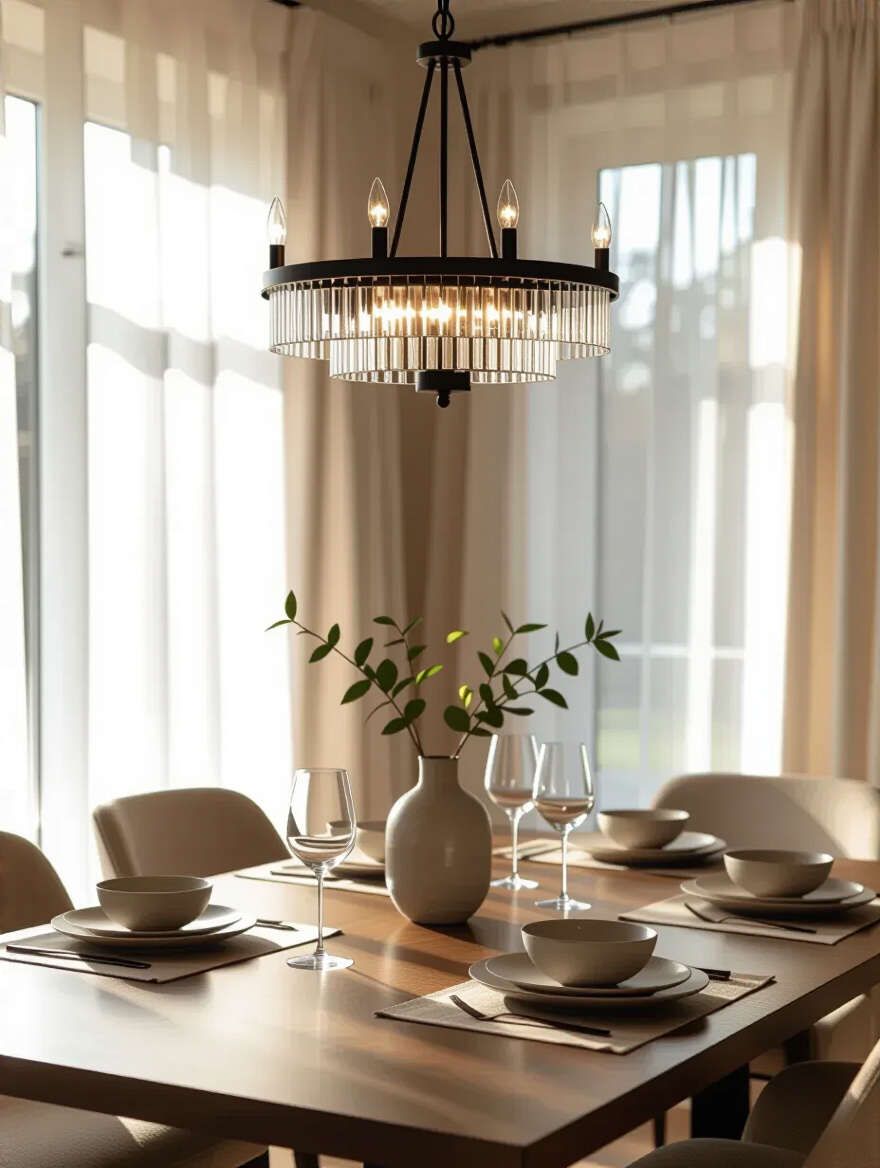 A beautifully lit dining room with an elegant chandelier, representing smart planning for a chandelier purchase within a realistic budget.