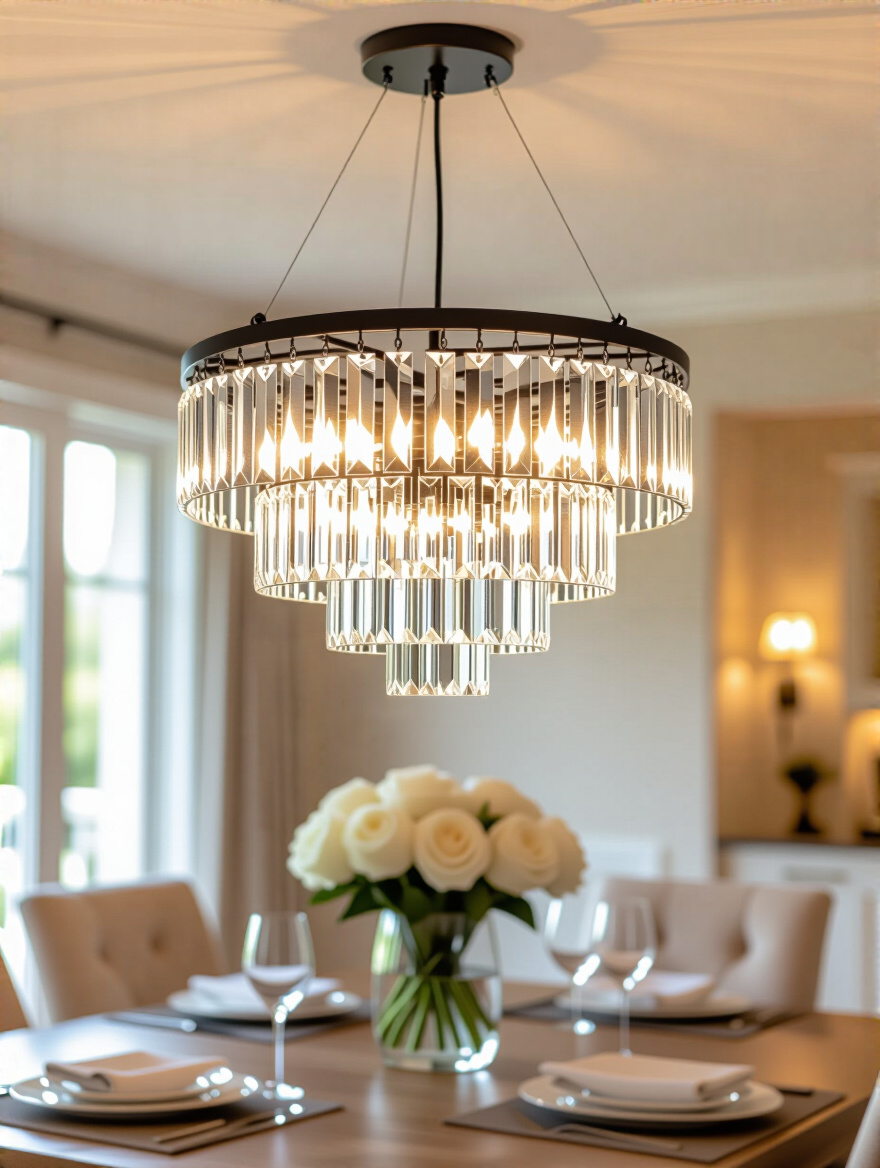 Dining room chandelier securely mounted to the ceiling, highlighting safe and professional electrical wiring connections by a certified electrician.
