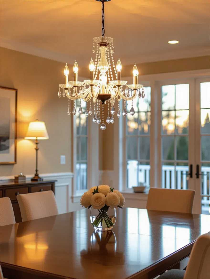 A beautifully decorated dining room with an elegant rectangular dining table and a perfectly proportioned chandelier, emphasizing ideal scale and visual harmony without explicit measuring tools. Focus on the result of accurate dining table sizing.