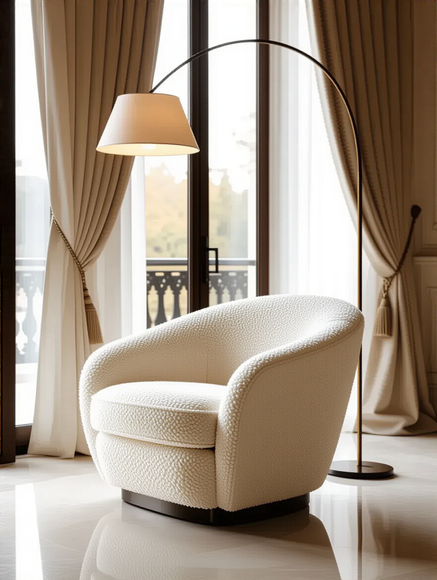 Luxurious living room featuring a cream curved boucle sculptural accent chair by a grand window, defining a sophisticated reading nook.