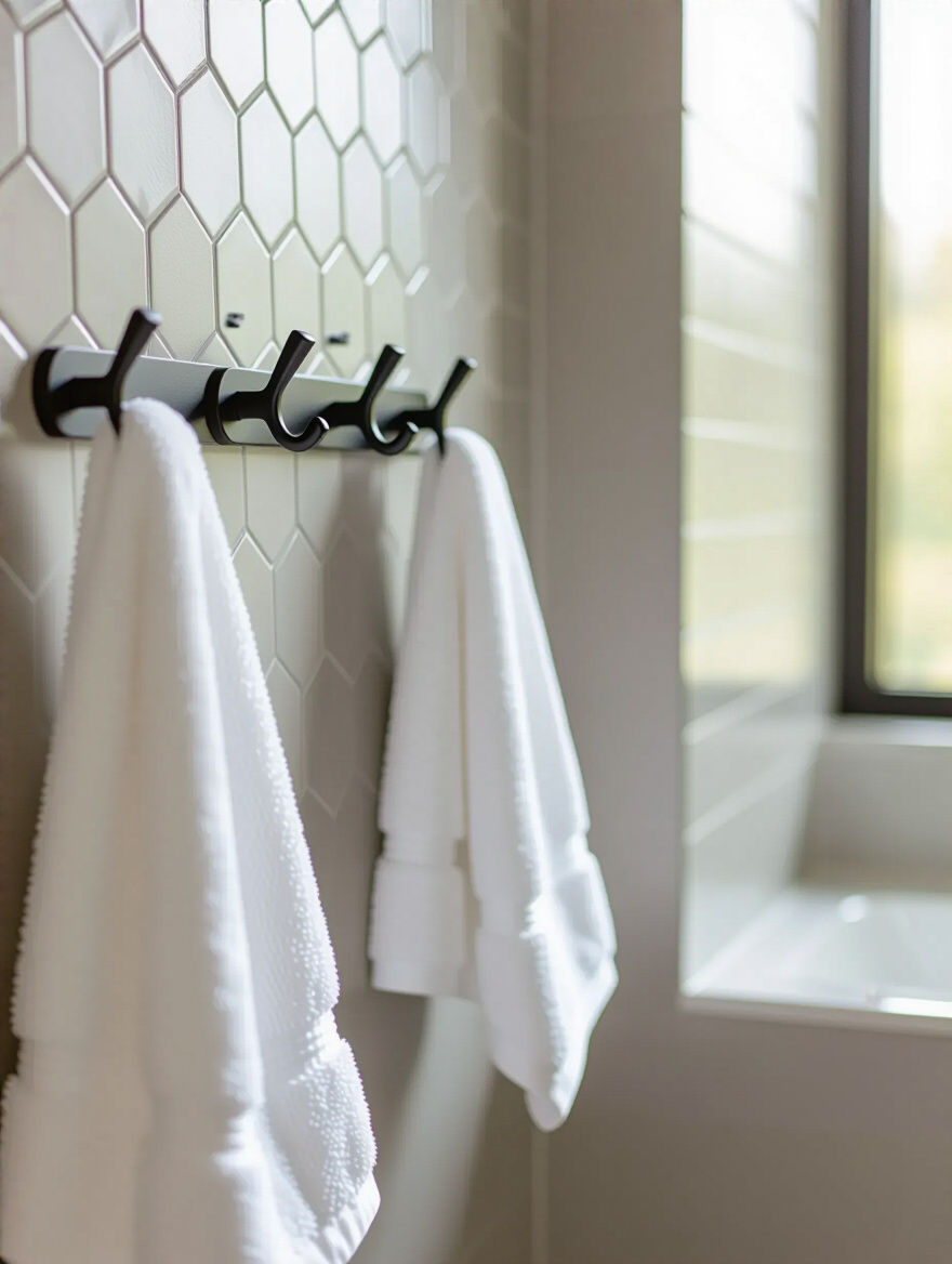 Modern bathroom with a matte black triple hook rack on a neutral gray wall, holding a white hand towel under soft natural light.