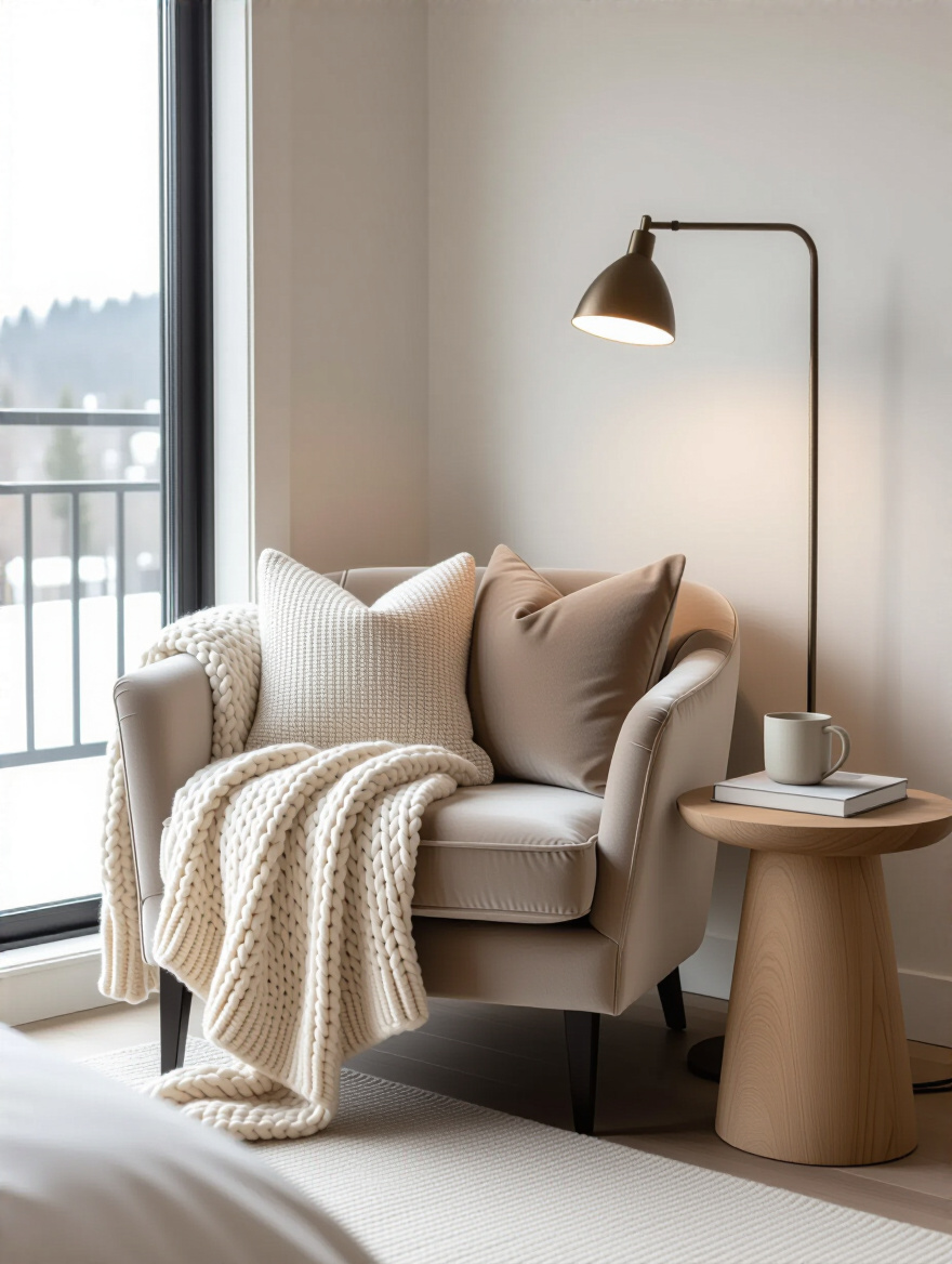 Elegant bedroom corner with a plush armchair, throw pillows, and a small side table next to a window, illuminated by soft natural light, forming a cozy seating nook for relaxation.