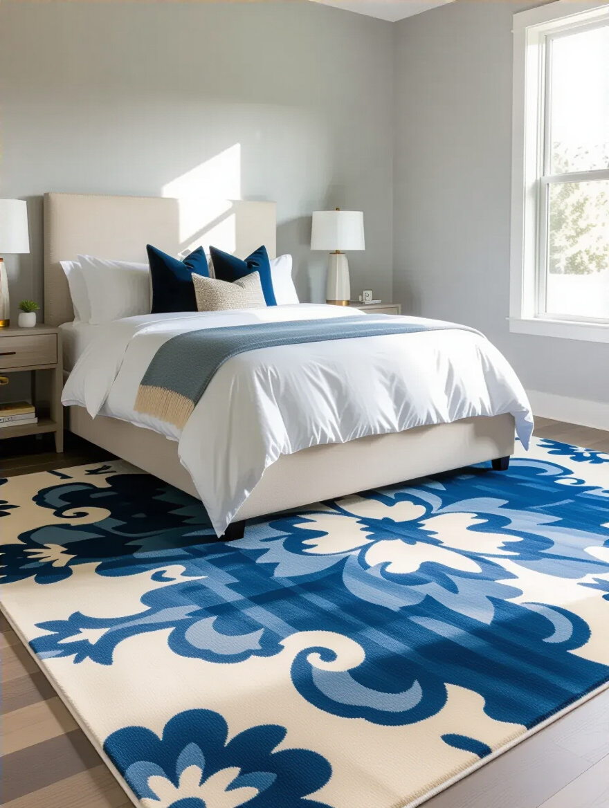 Elegant master bedroom with a large, patterned statement area rug anchoring a king-sized bed and two nightstands, showcasing a cohesive interior design.