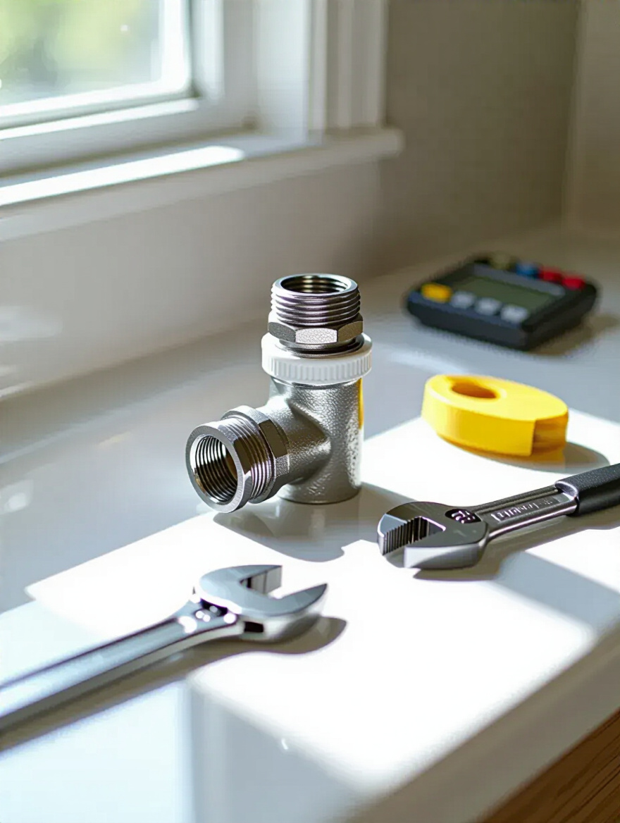 Close-up of a bathroom sink P-trap connection sealed with plumber's tape, with an adjustable wrench and pliers nearby, symbolizing DIY plumbing repair and cost savings.