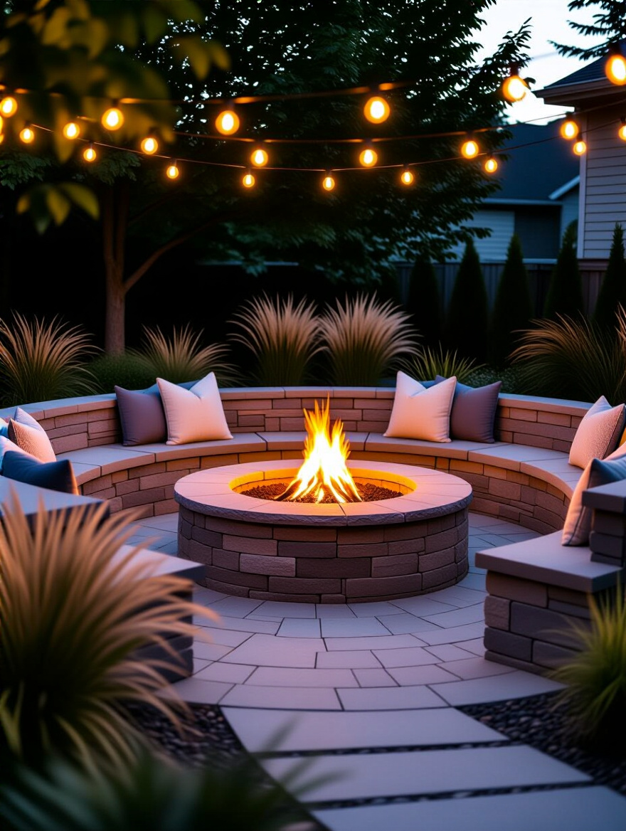 A professionally designed backyard fire pit area at dusk, featuring a circular stone fire pit with glowing flames, comfortable built-in seating, and ambient string lights, representing a successful, well-budgeted outdoor project. No people.