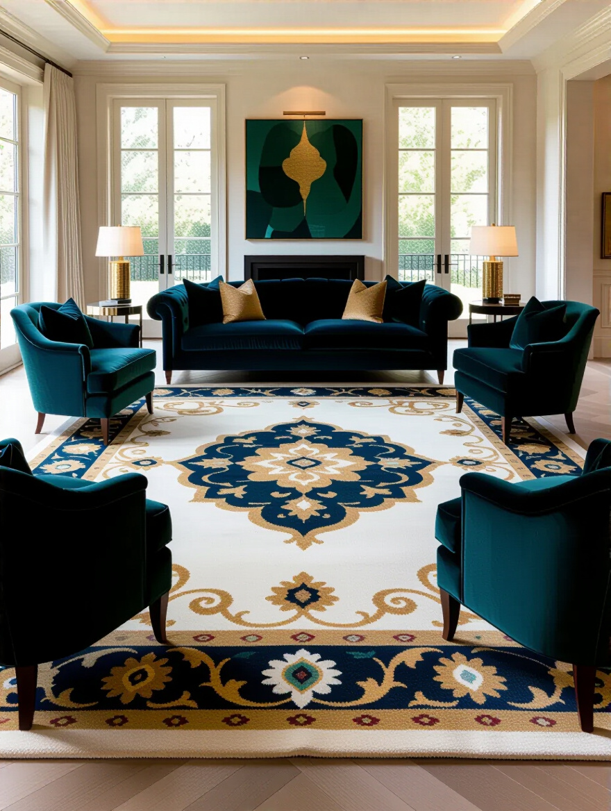 A close-up portrait shot of a luxurious living room featuring a large, high-pile wool area rug with an intricate Persian pattern, partially covered by the front legs of an elegant, tufted sofa and a polished marble coffee table. The rug's rich textures and deep colors delineate the seating area, exuding warmth and opulence in a professionally lit setting.