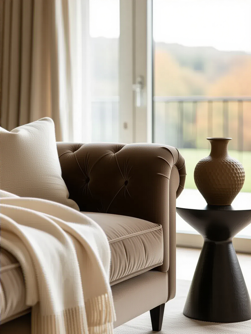 Close-up of a luxurious velvet sofa armrest and brass side table with an artisan vase, representing smart investment in high-impact luxury elements for a living room.