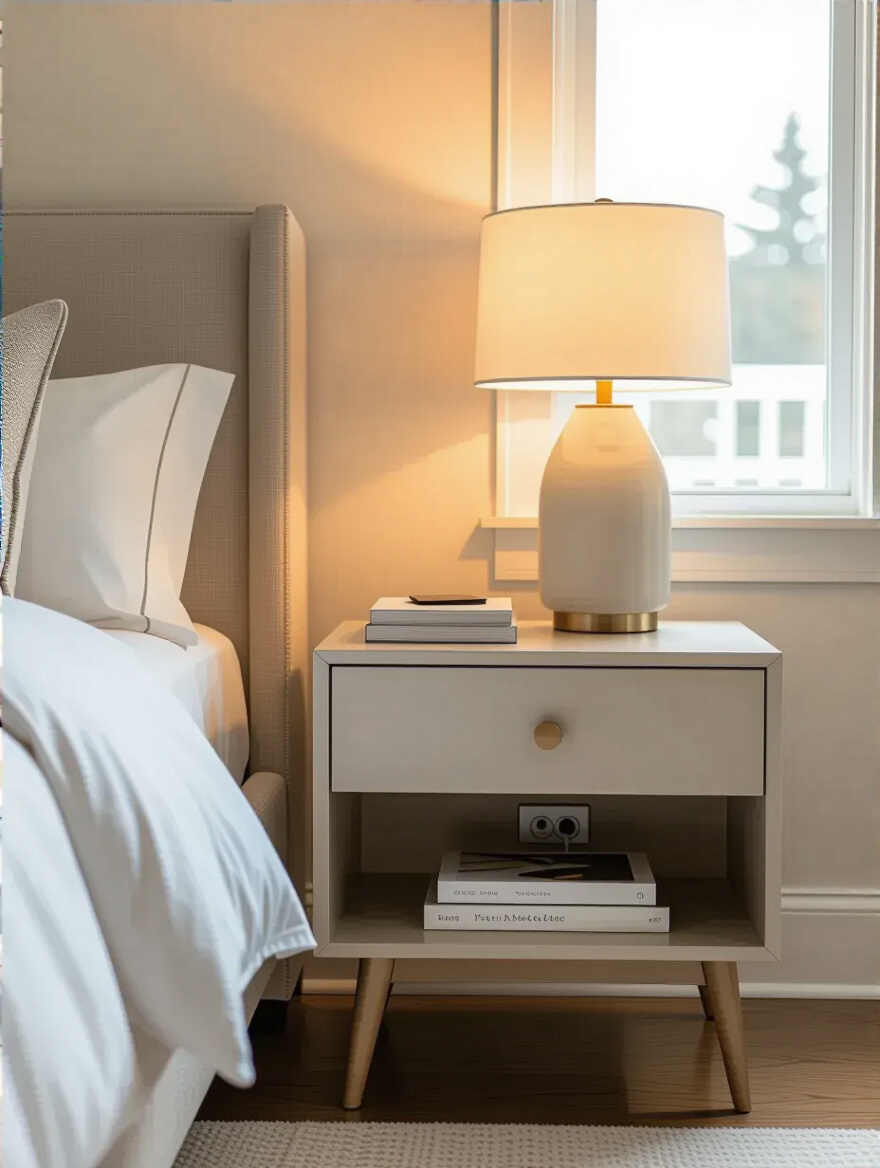 A well-appointed bedroom featuring a modern bedside table next to an upholstered bed, showcasing functional storage and balanced design elements.