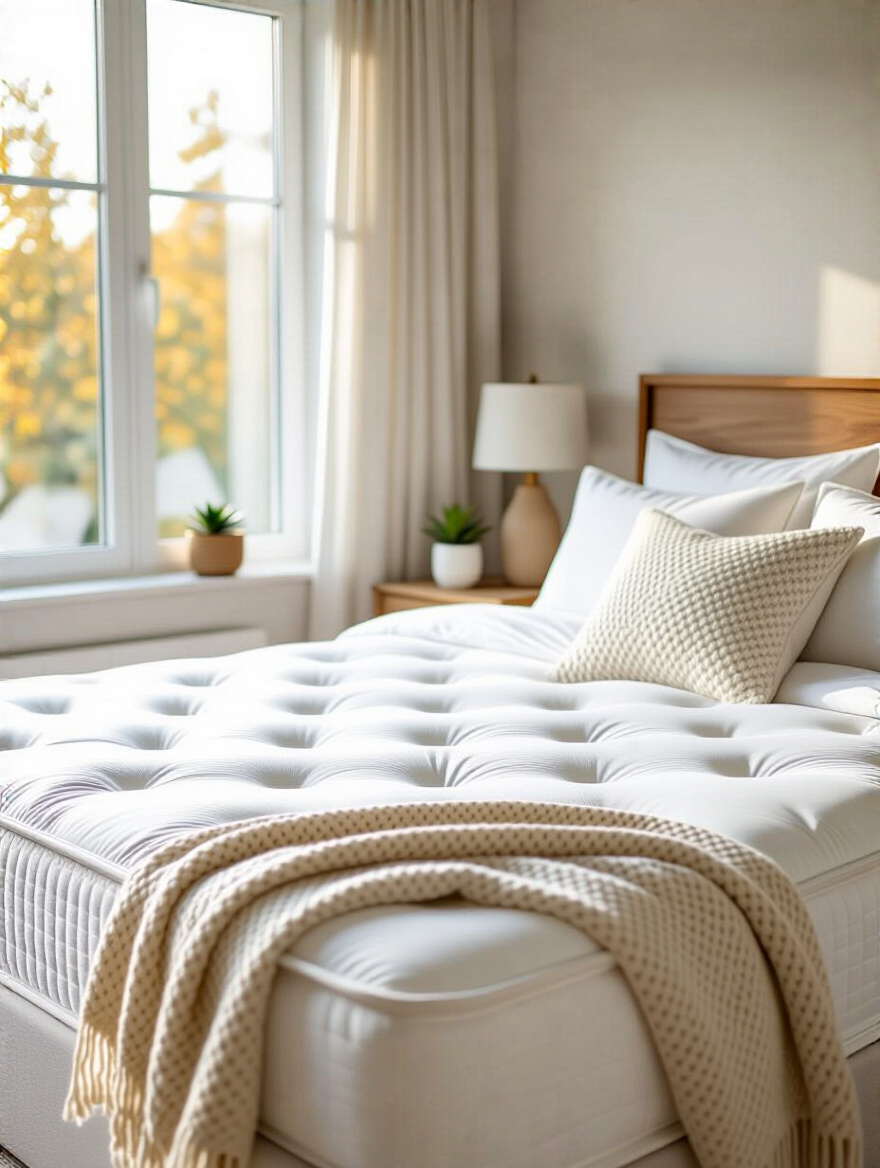 Elegant master bedroom with a luxurious, pristine white mattress and sophisticated decor, symbolizing ultimate comfort and restful sleep.