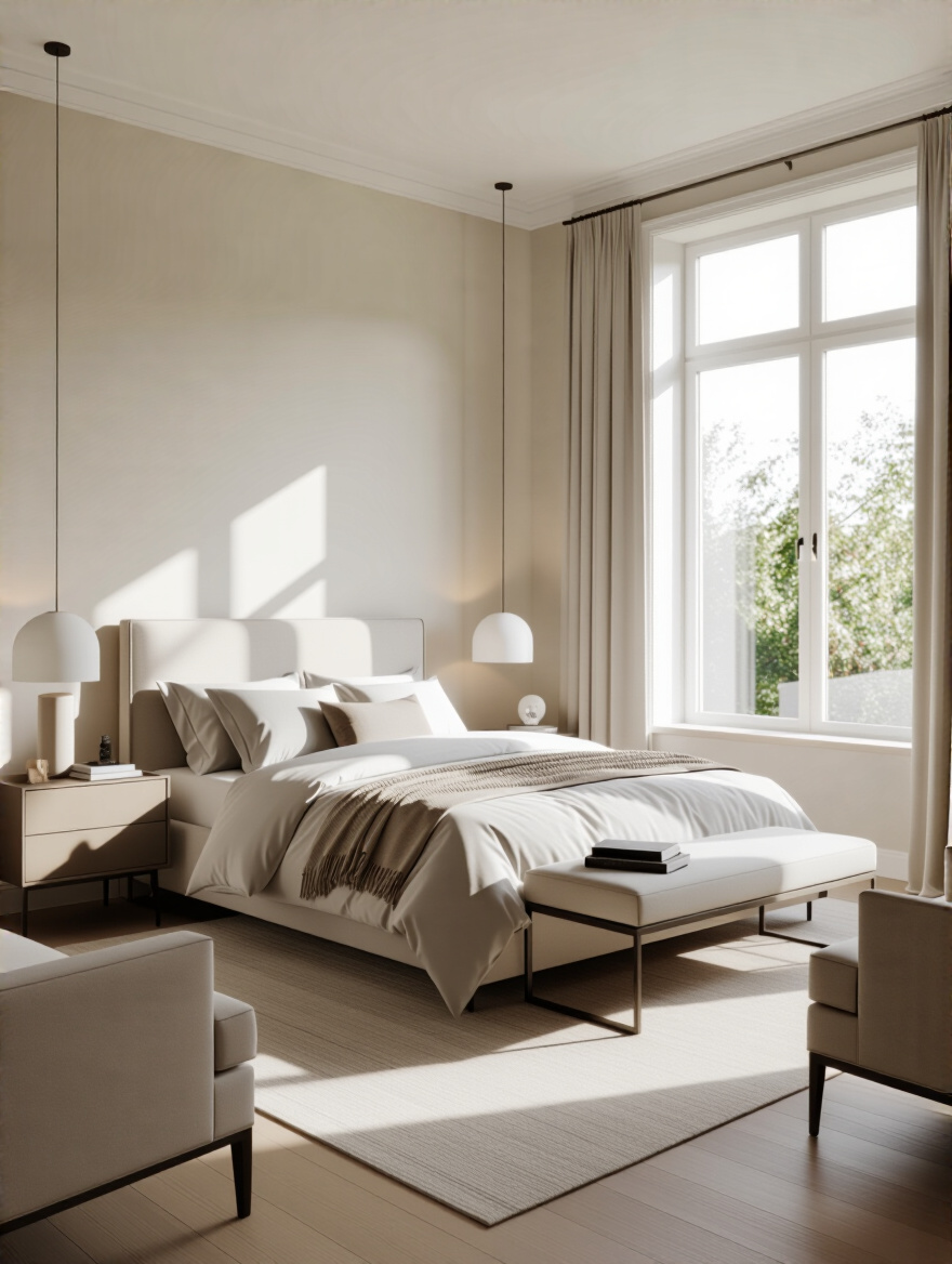 A serene and thoughtfully arranged master bedroom showcasing an optimal furniture layout that promotes clear pathways and enhances room flow and functionality.