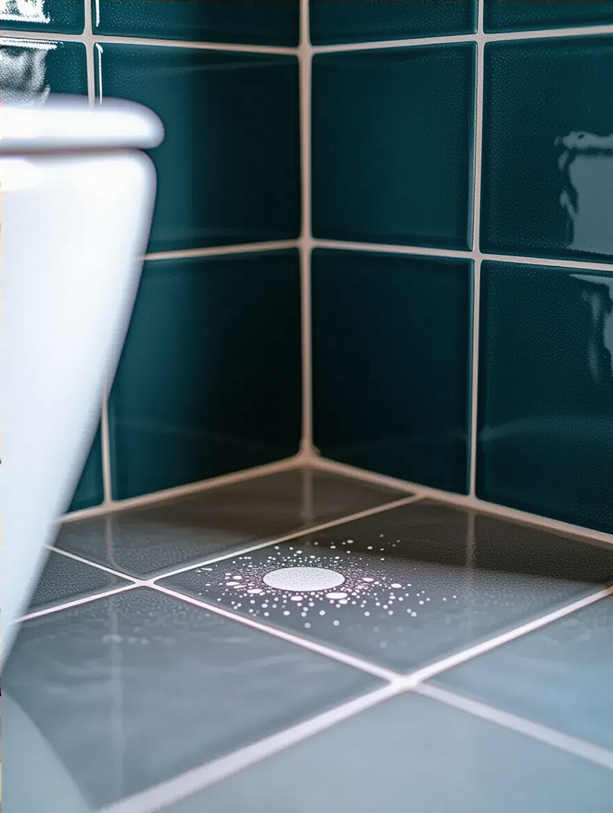 Detailed portrait shot of a pristine modern bathroom corner, showcasing a small imperfection like hairline grout cracks or minor surface wear under bright light, hinting at the need for an audit.