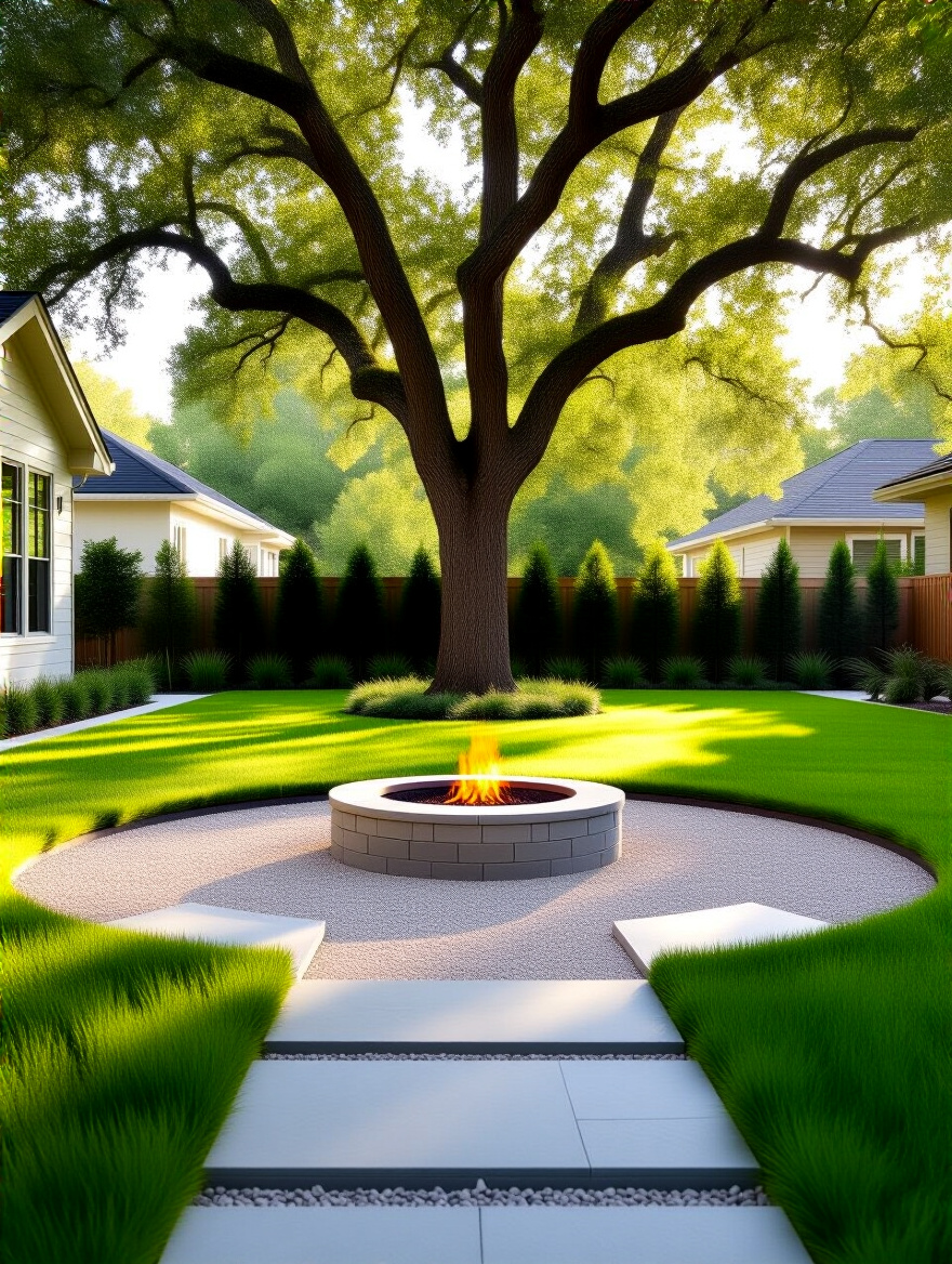 A cleared, safe backyard area designed for fire pit installation, showcasing a gravel and paver base with ample overhead and surrounding clearance, emphasizing fire safety.