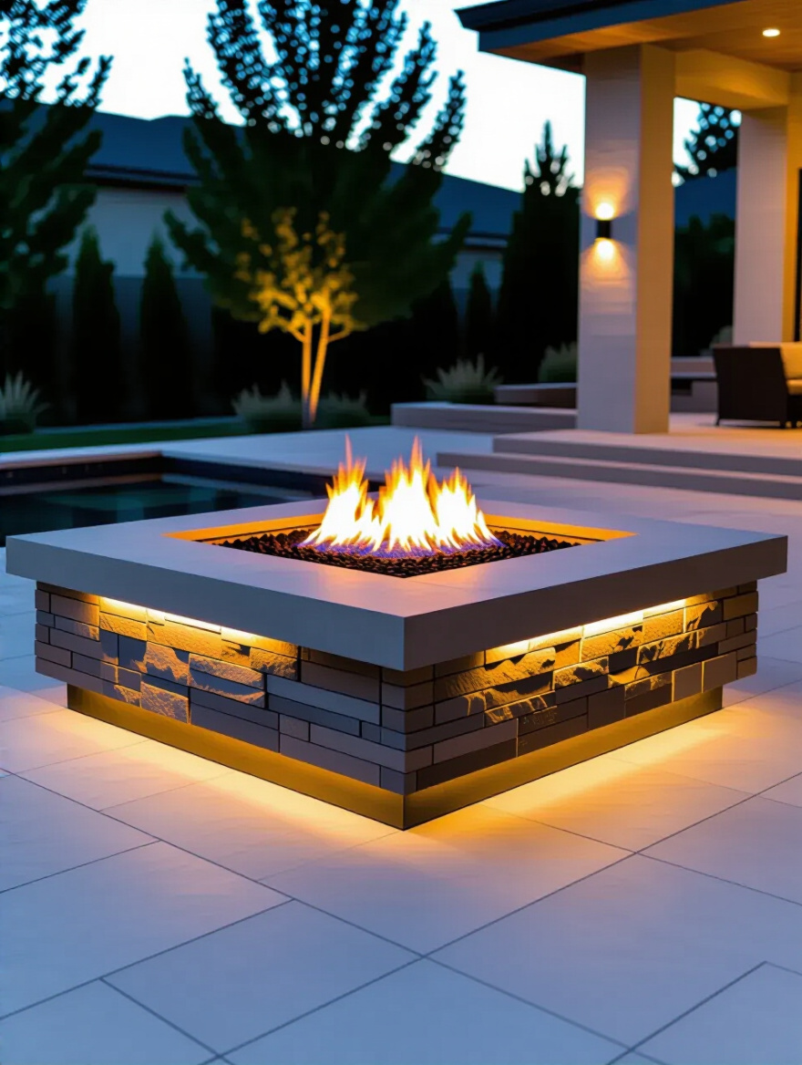 A masterfully designed built-in fire pit featuring intricate stone and concrete work, seamlessly integrated into a luxurious patio setting under soft twilight. The image emphasizes professional construction and a sophisticated outdoor living space.