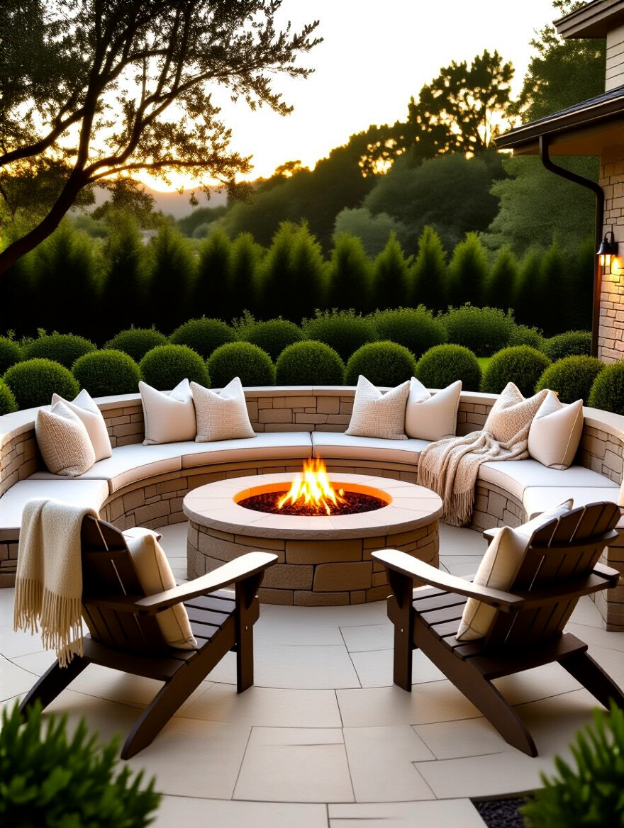 Comfortable and durable outdoor seating arrangement around a fire pit, featuring a U-shaped stone bench with plush cushions and classic wooden Adirondack chairs, set at dusk with warm lighting.