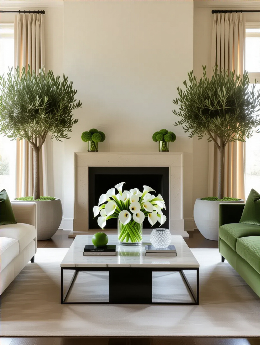 A luxurious living room featuring two large olive trees in concrete planters flanking a grand fireplace, with a crystal vase of fresh orchids on a marble coffee table, showcasing sophisticated greenery.