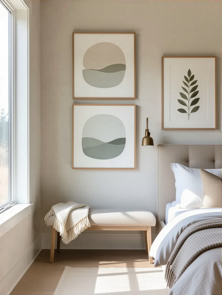 Thoughtfully curated gallery wall above a bed in a serene master bedroom, featuring abstract art, botanical prints, and subtle wall decor, creating a sophisticated visual focal point.