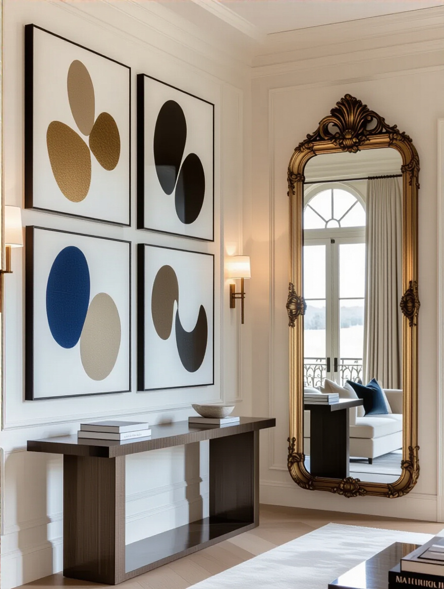 Luxurious living room featuring a curated art gallery wall with abstract paintings and an ornate, strategically placed mirror reflecting elegant decor. High-end interior design with rich textures and soft lighting.
