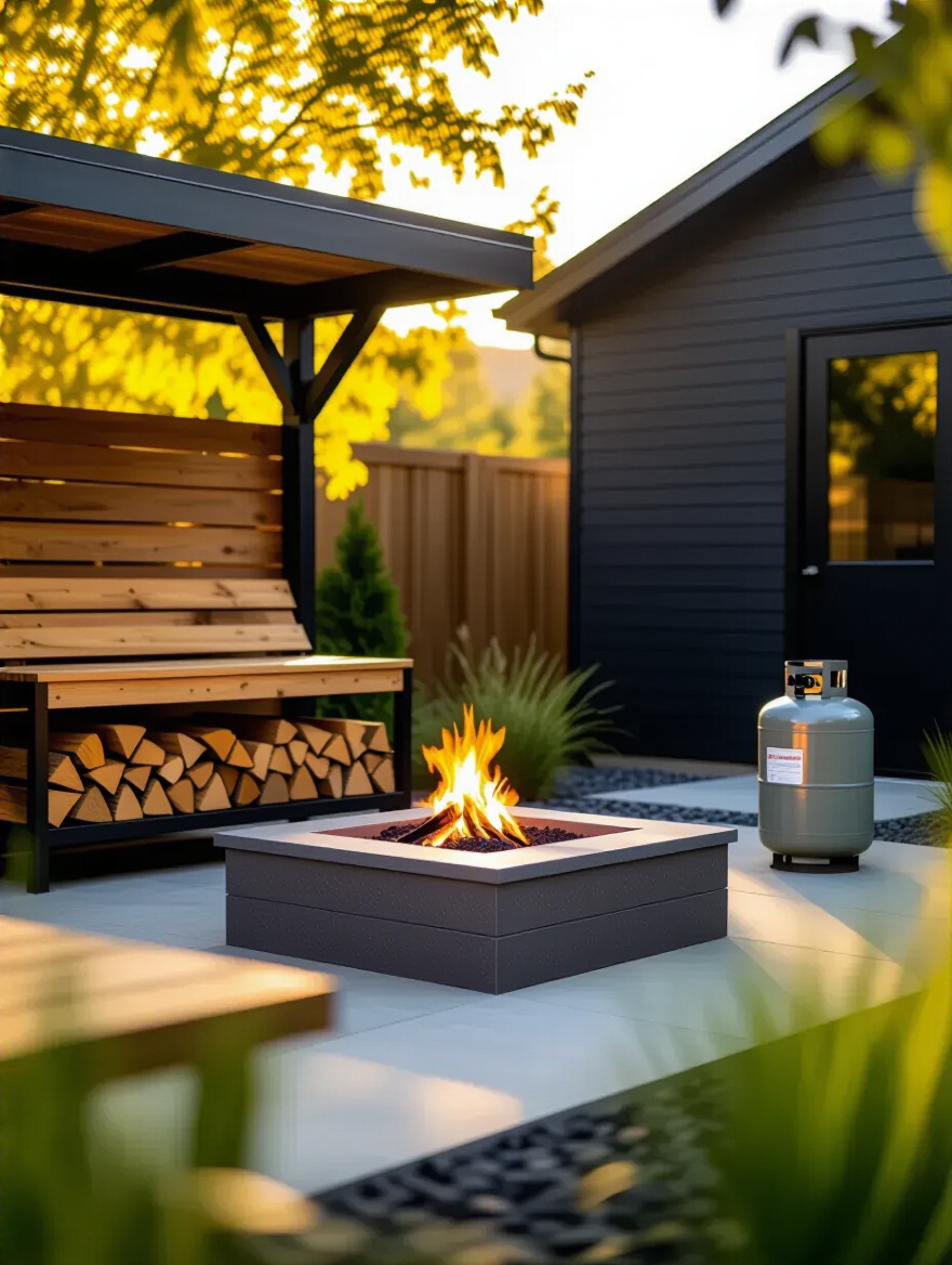 Backyard scene featuring a portable fire pit, a built-in stone fire pit, and a fire pit dining table, illustrating different outdoor fire pit styles.