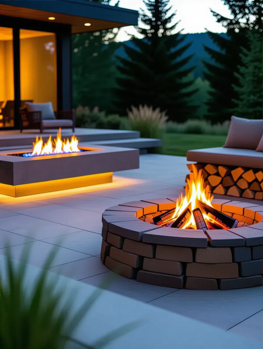 Side-by-side view of a modern gas fire pit and a rustic wood-burning fire pit, illustrating different fuel types and their associated purposes in an outdoor living space.