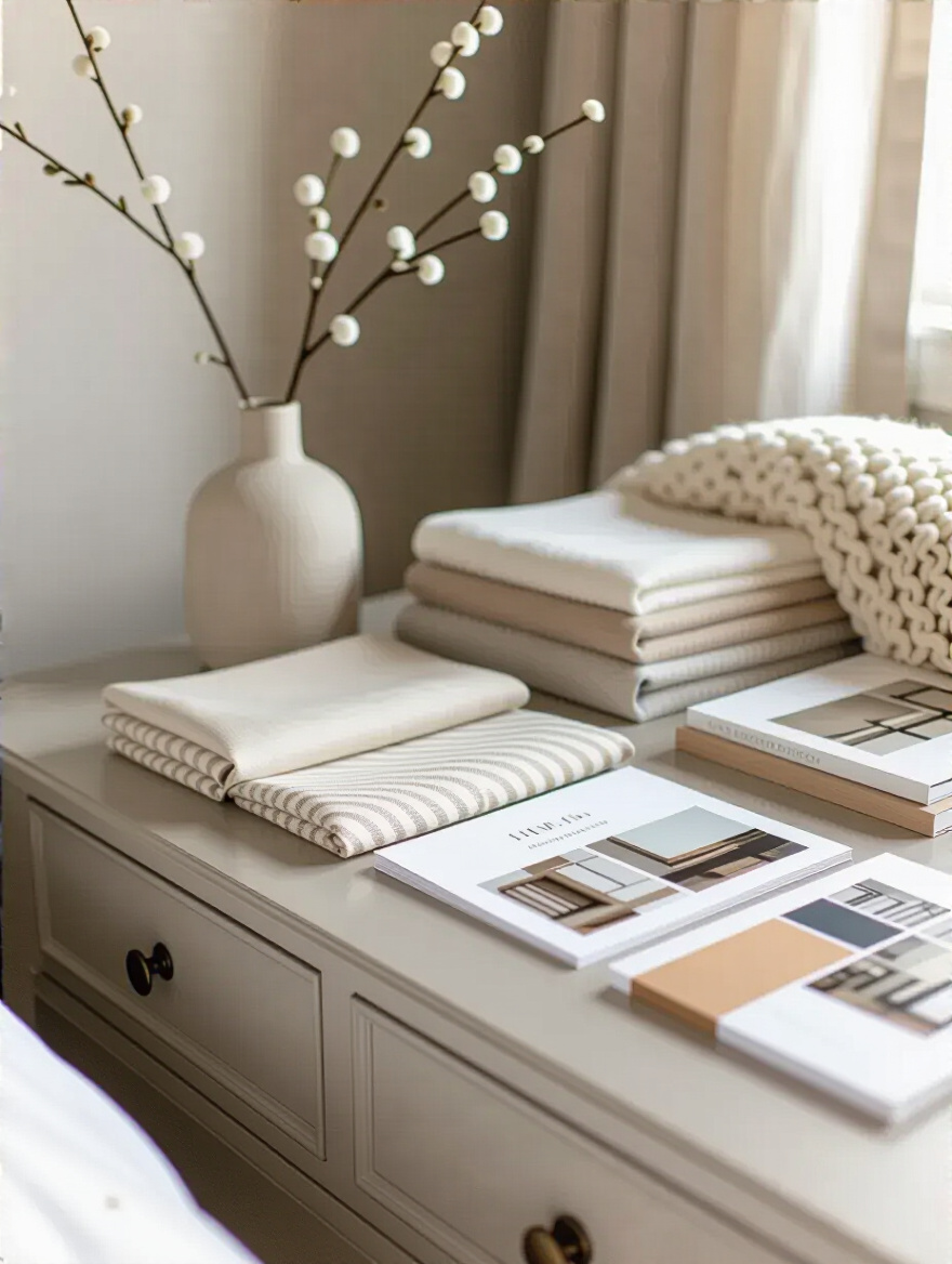 Serene bedroom mood board with fabric swatches and paint chips, inspiring personalized bedroom aesthetic for a sleep sanctuary.