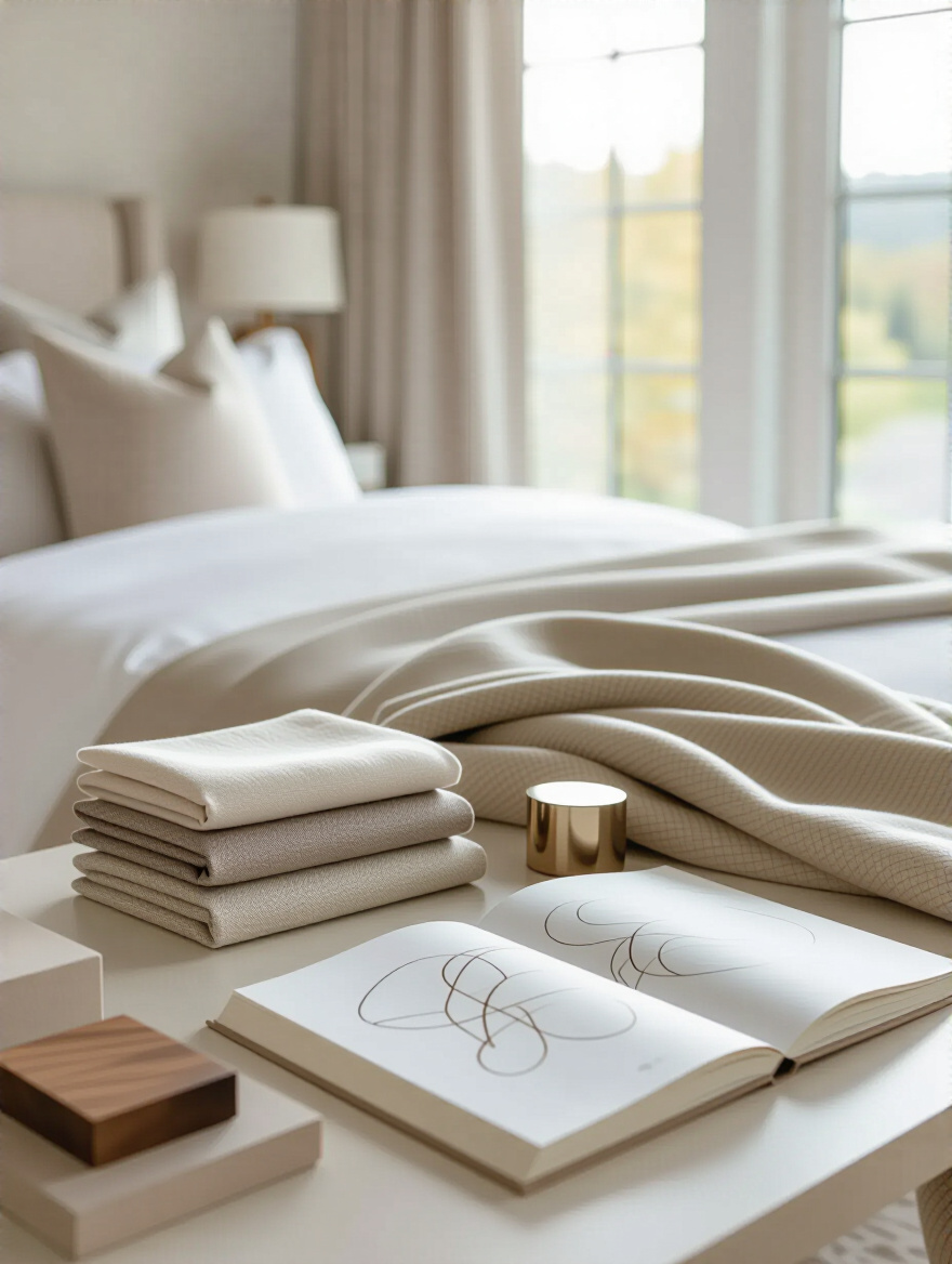 Elegant master bedroom interior showcasing various fabric swatches and design elements on a table, symbolizing the process of defining personal style and aesthetic preference for bedroom decor.