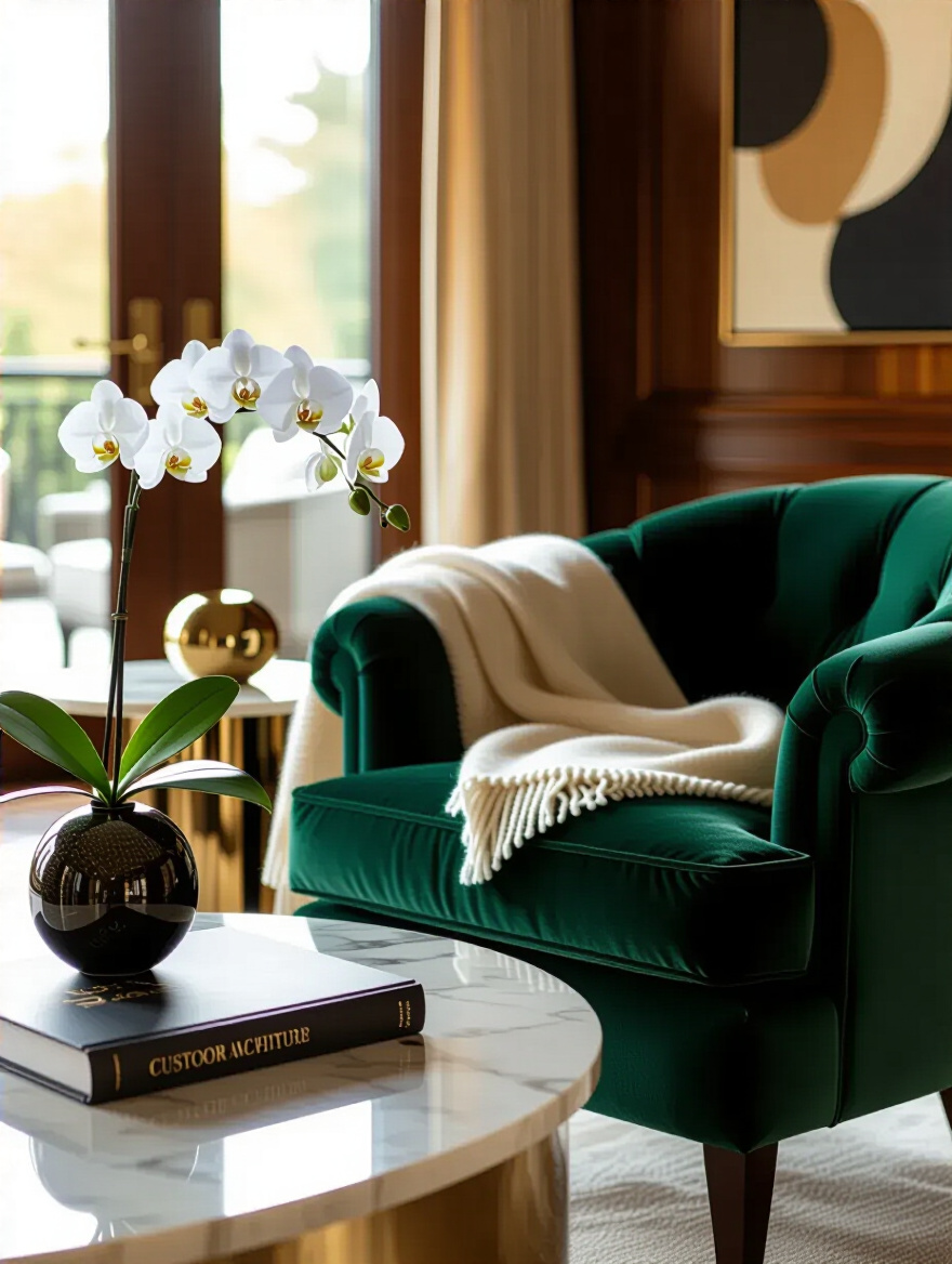 Luxurious living room corner with a velvet armchair, marble table, orchid, and art book, showcasing a refined signature style and elevated aesthetic blueprint.