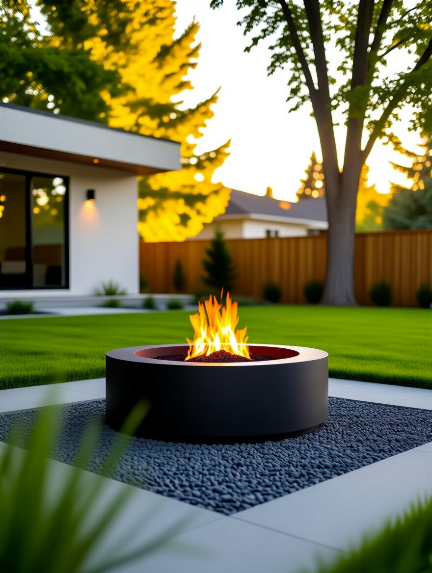 A safely placed modern fire pit on a gravel base in a backyard, showing proper distance from a house and fence, illuminated by golden hour light, representing optimal fire pit placement.