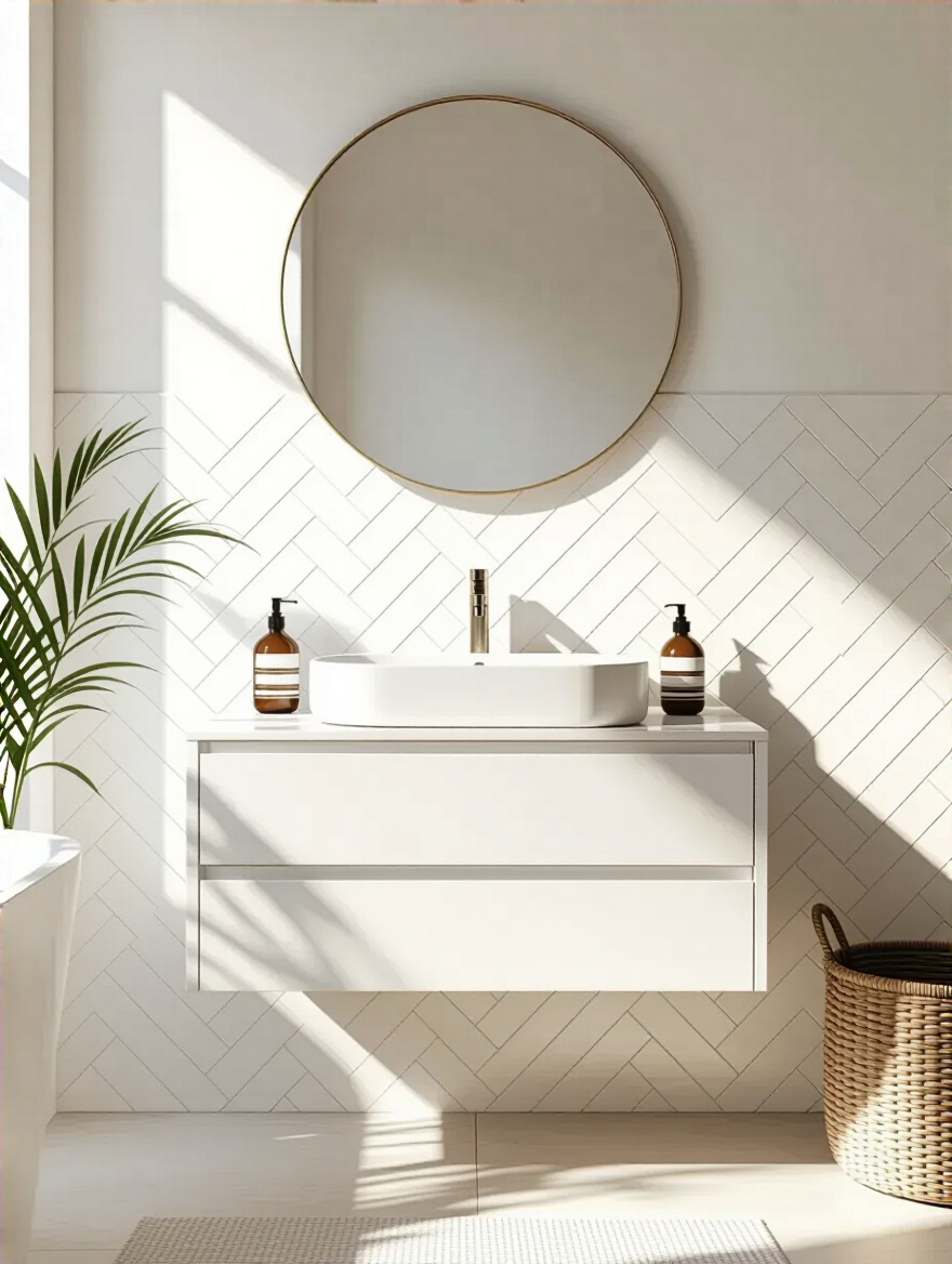 A neat, uncluttered bathroom workspace with architectural plans and sample tiles, symbolizing organized bathroom remodel project planning.
