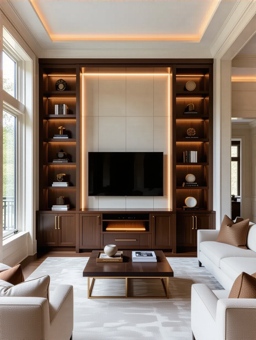 Luxurious living room featuring floor-to-ceiling bespoke built-ins with integrated lighting, display shelves, and custom cabinetry for refined storage.