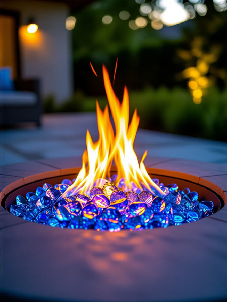 Close-up of a gas fire pit filled with clear and blue tempered fire glass, glowing with warm flames, enhancing a modern patio with increased warmth and visual appeal.