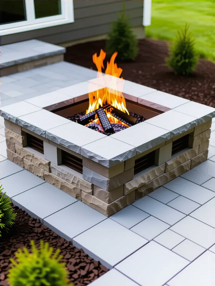 Permanent stone fire pit structure showcasing visible vent blocks for proper ventilation and a clear gravel drainage layer around its base for longevity and safety.