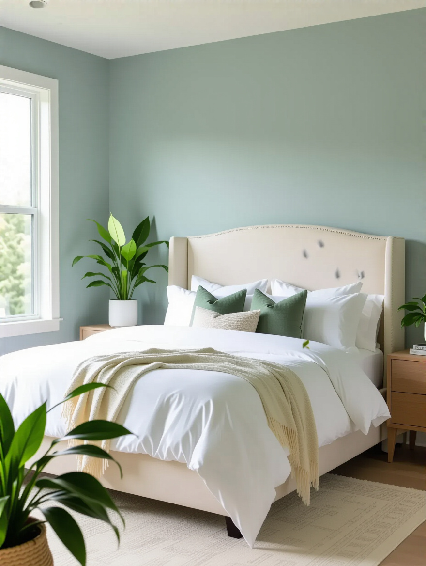 A serene master bedroom featuring a cohesive color palette with pale slate blue walls, a creamy white linen headboard, and soft sage green accent pillows, exuding calmness.