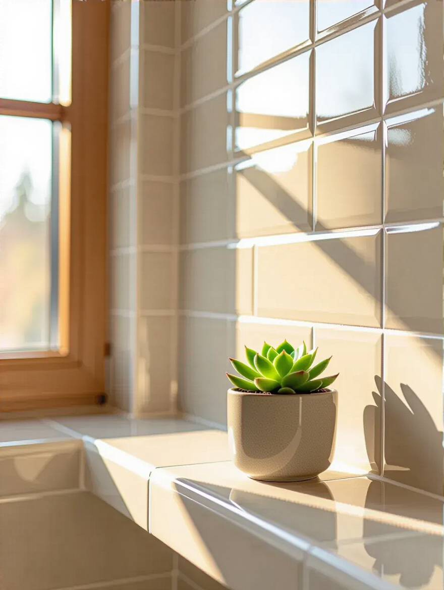 Close-up of newly installed elegant bathroom tiling and a small succulent on a minimalist shelf, representing a well-planned and resilient bathroom renovation budget.